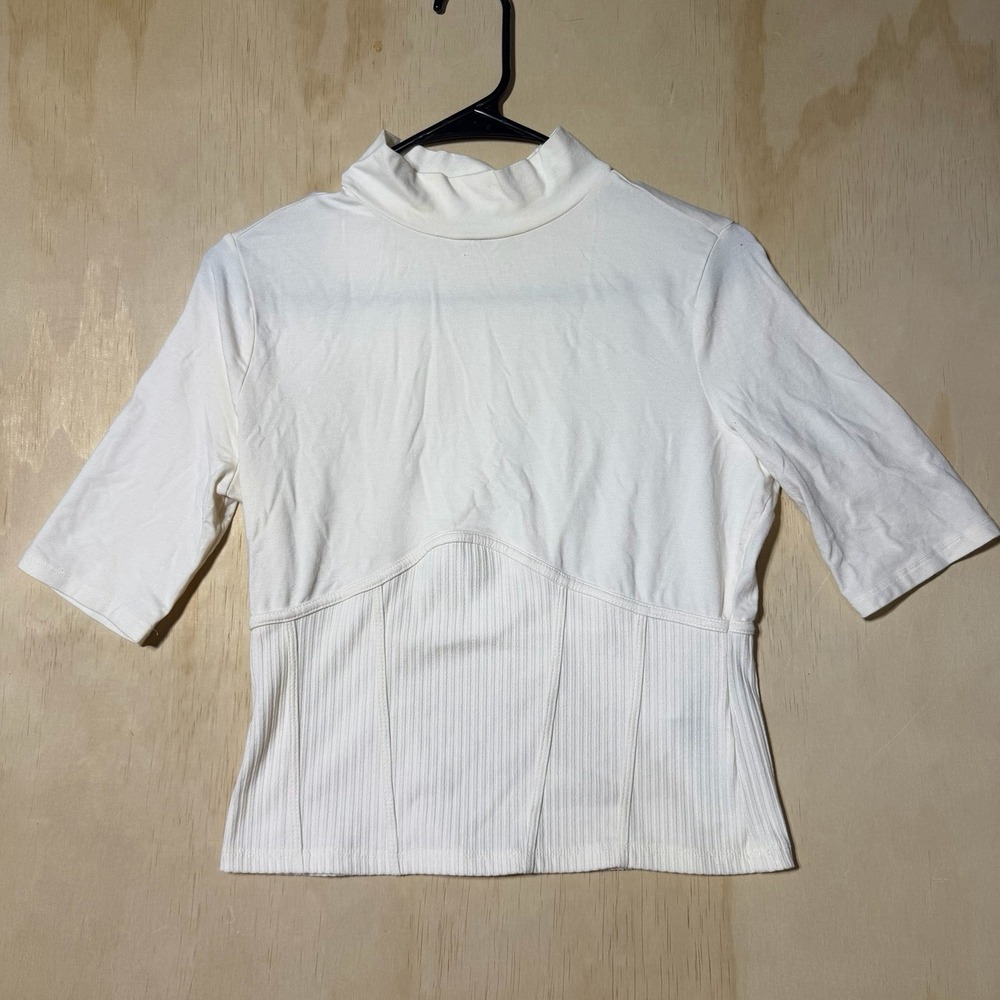 GUESS Women's L Ivory White Mock Neck Ribbed Corset Top Y2K 3/4 Sleeve Blouse